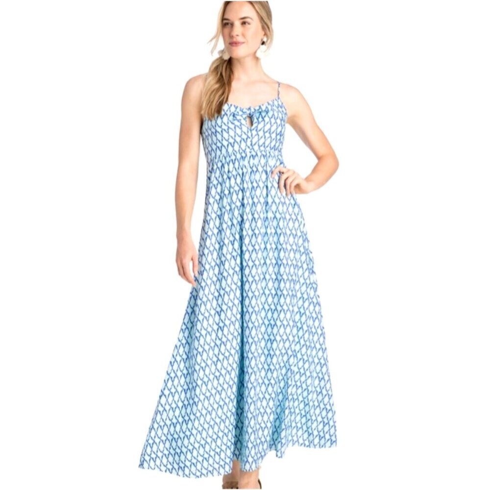 NEW! Vineyard Vines Lattice Print Tie Front Maxi Sundress Dress Silk Blue SZ 4